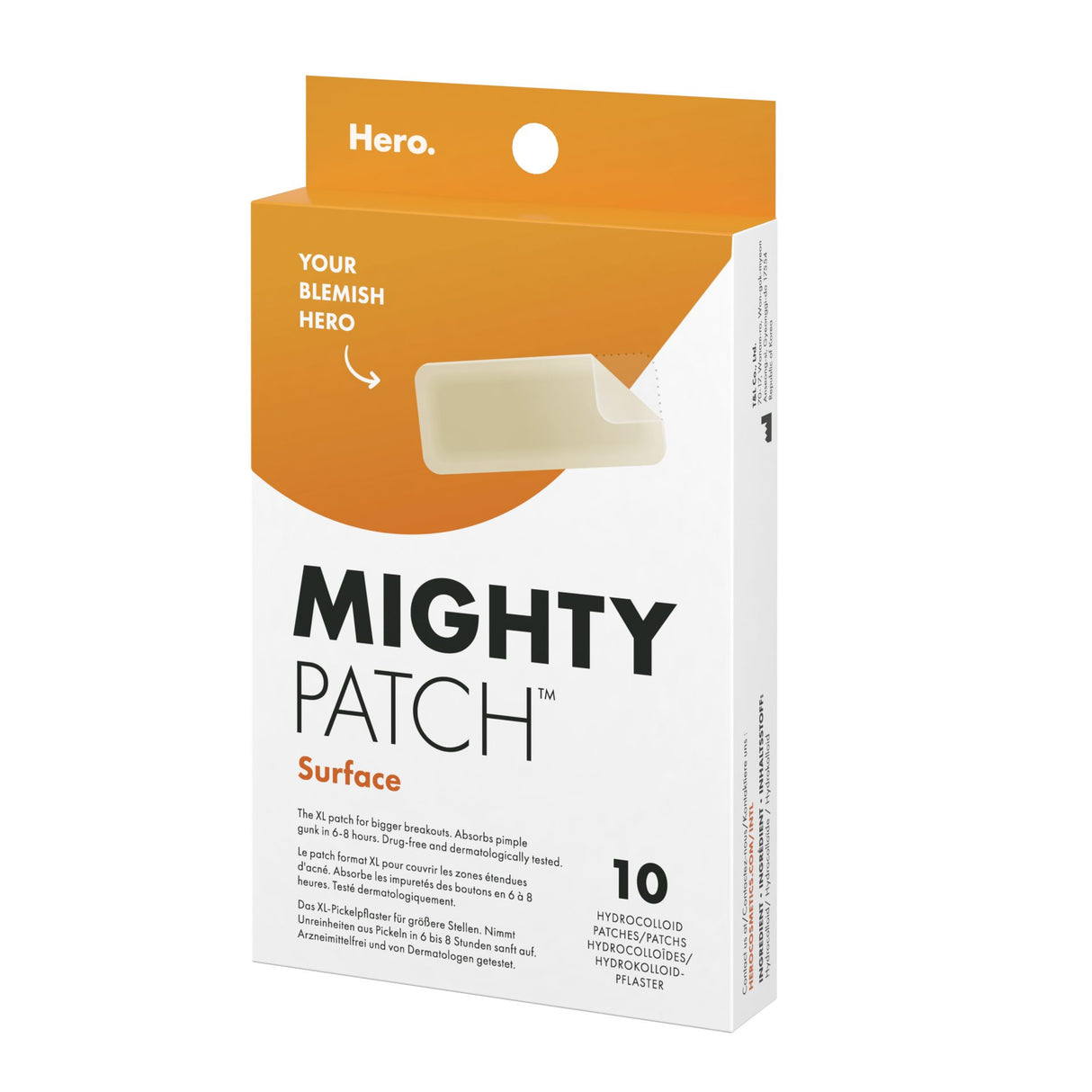 Plasturi hidrocoloidali Hero Mighty Patch Surface pentru cosuri față și corp, cutie 10 bucăți, vedere frontală