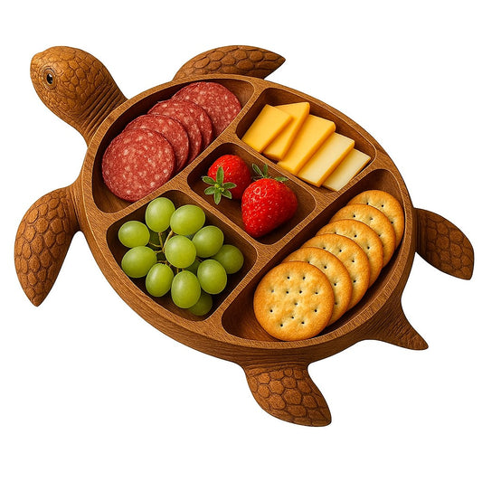 Platou pentru Servire, Vivimall, in Forma de Broasca Testoasa, 3 Compartimente pentru Mezeluri, Branzeturi, Snacksuri, Fructe, Design Artistic, din Lemn Masiv, 24 x 24 x 3 cm, Maro - vivimall.ro