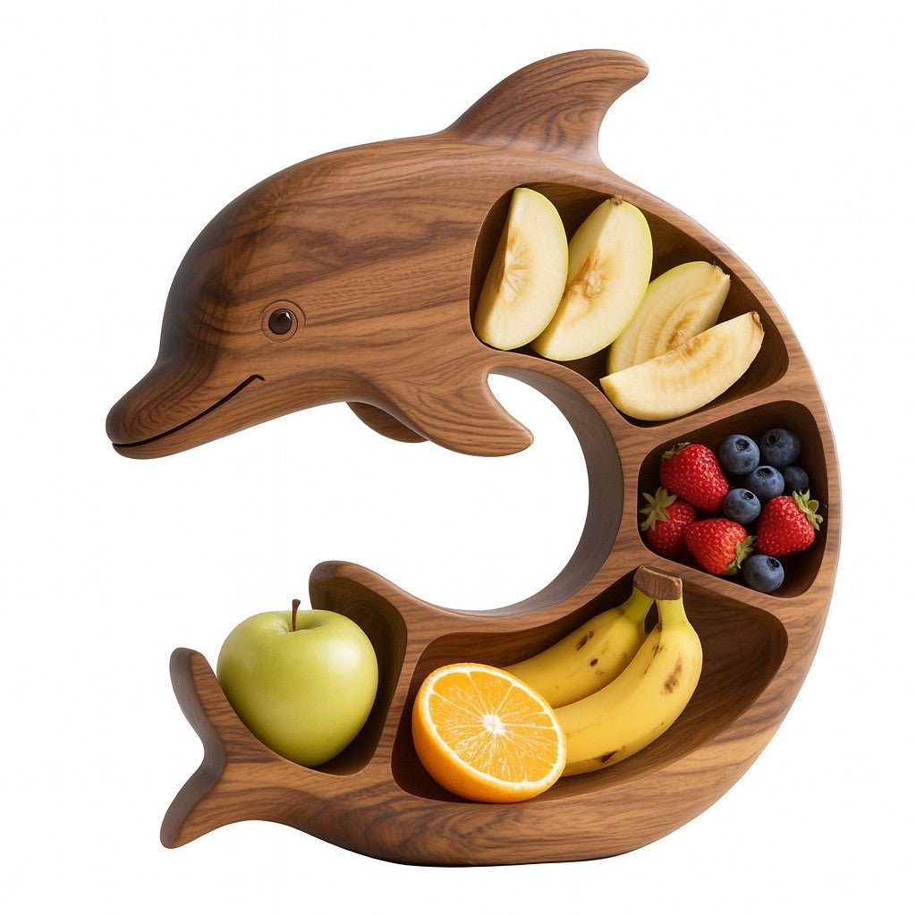Platou pentru Servire, Flippy, in Forma de Delfin, 4 Compartimente pentru Mezeluri, Branzeturi, Snacksuri, Fructe, Design Artistic, din Lemn Masiv, 26 x 25 x 4 cm, Maro Natur - vivimall.ro