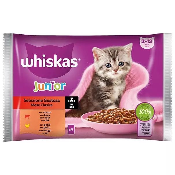 Whiskas Junior tasak, 4 x 85 g, csirke és marha szószban