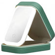 Portfard geantă cosmetice verde cu oglindă LED și 3 moduri de lumină, vedere frontală, 16.5x11.5x6 cm