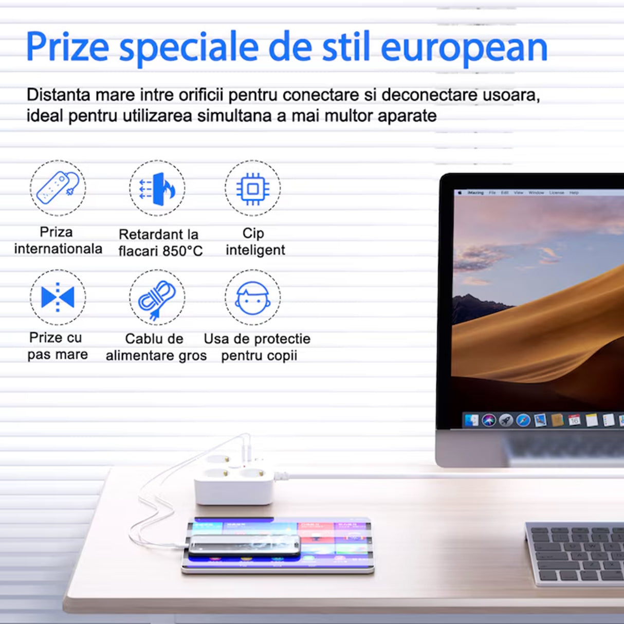 Porturi USB-A și USB-C ale prelungitorului Flippy 3250W, detaliu cip inteligent încărcare rapidă