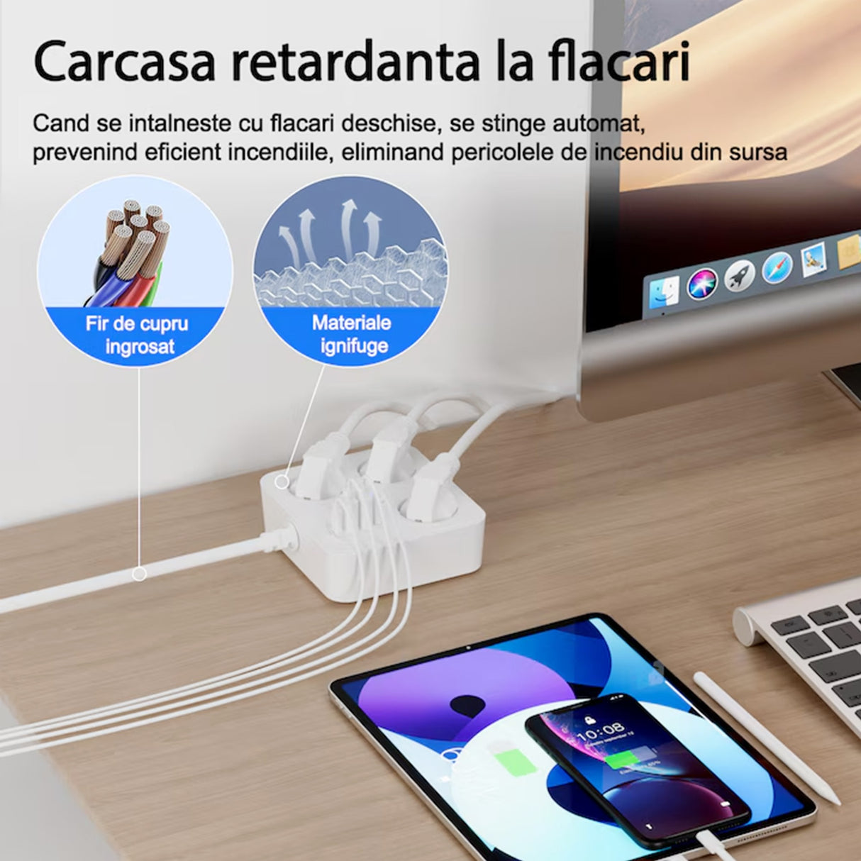 Prelungitor Flippy alb pe birou cu telefon în suport și cablu de 2 m, vedere lifestyle