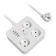 Prelungitor USB Flippy alb cu 3 prize Schuko și 4 porturi USB, vedere frontală, model birou