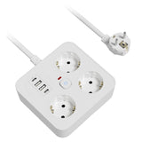 Prelungitor USB Flippy alb cu 3 prize Schuko și 4 porturi USB, vedere frontală, model birou