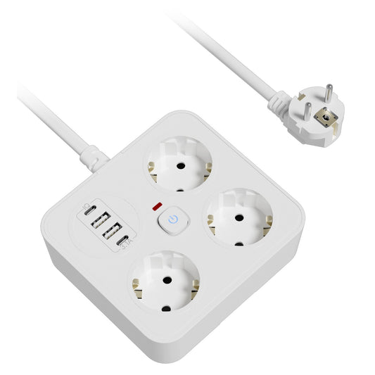 Prelungitor USB Flippy alb cu 3 prize Schuko și 4 porturi USB, vedere frontală, model birou