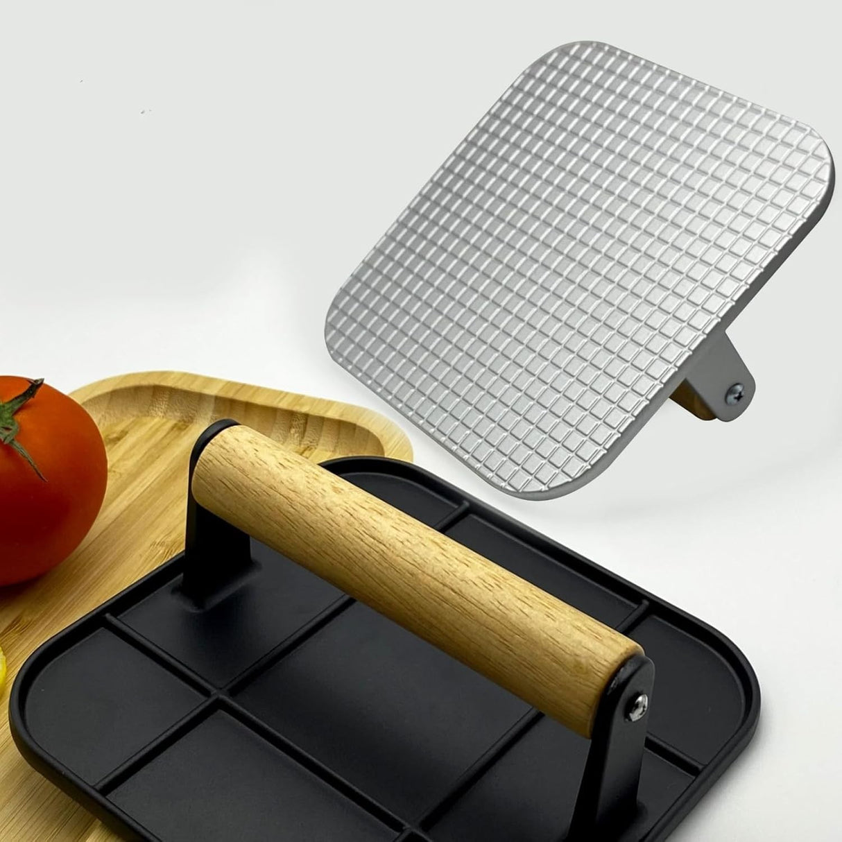 Presa Manuala Pentru Carne, Din Aliaj De Aluminiu, Maner Din Lemn, Presa Pentru Burgeri, Usor De Curatat Si Folosit, Patrata, 16X16X6 Cm, Neagra - vivimall.ro