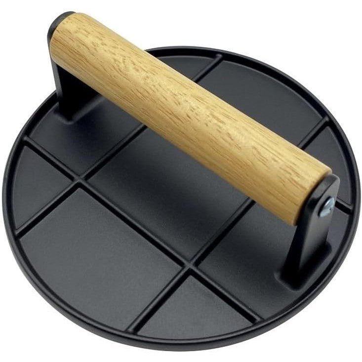 Presa Manuala pentru Carne, Vivimall, din Aliaj de Aluminiu, Maner din Lemn, Presa pentru Burgeri, Usor de Curatat si Folosit, Rotunda, 16x16x6 cm, Neagra - vivimall.ro