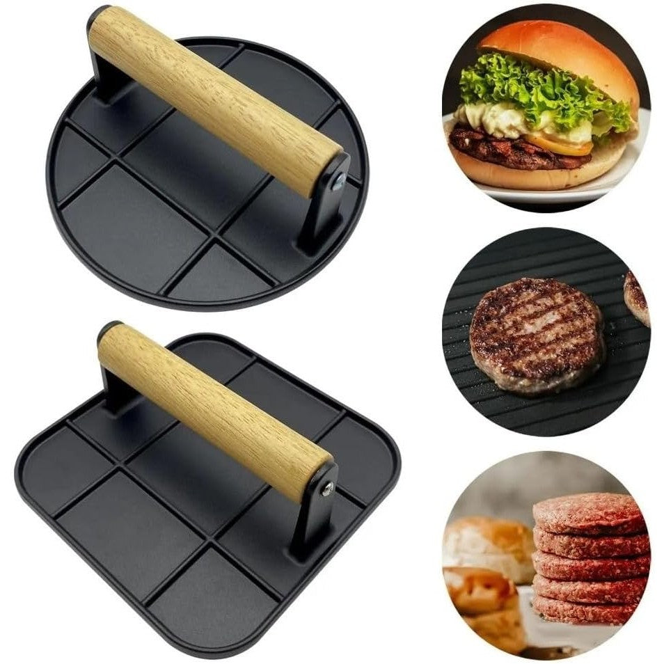 Presa Manuala pentru Carne, Vivimall, din Aliaj de Aluminiu, Maner din Lemn, Presa pentru Burgeri, Usor de Curatat si Folosit, Rotunda, 16x16x6 cm, Neagra - vivimall.ro