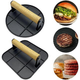 Presa Manuala pentru Carne, Vivimall, din Aliaj de Aluminiu, Maner din Lemn, Presa pentru Burgeri, Usor de Curatat si Folosit, Rotunda, 16x16x6 cm, Neagra - vivimall.ro