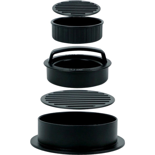 Presa dubla pentru hamburgeri 2 in 1, forma si presa, doua dimensiuni, cu maner, usor de curatat si folosit, material ABS, 100 de foi hartie de copt incluse, 13x13.5x7 cm, fara lipire, neagra - vivimall.ro