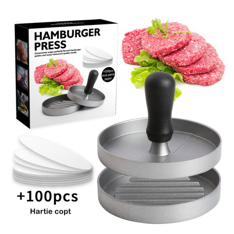 Presa manuala pentru burgeri Vivimall, material ABS si aluminiu, forma si presa, usor de curatat si folosit, 11.7 x 8.5 cm, gri - vivimall.ro