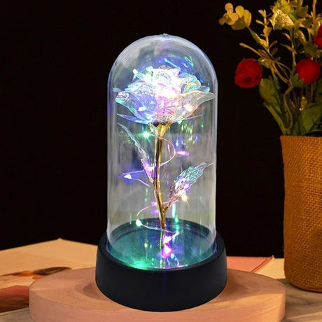 Trandafir in Cupola, Vivimall, cu Lumina Led Multicolora, Baterii, 8.5 x 15 cm, Auriu - vivimall.ro