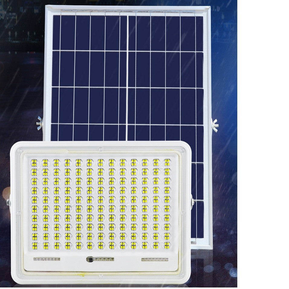 Proiector LED cu Panou Solar Vivimall, Senzor de lumina Waterproof, 100W, 23x18 cm, suport U inclus, panou afisaj nivel baterie, telecomanda, 220V, Design Modern, Alb - vivimall.ro