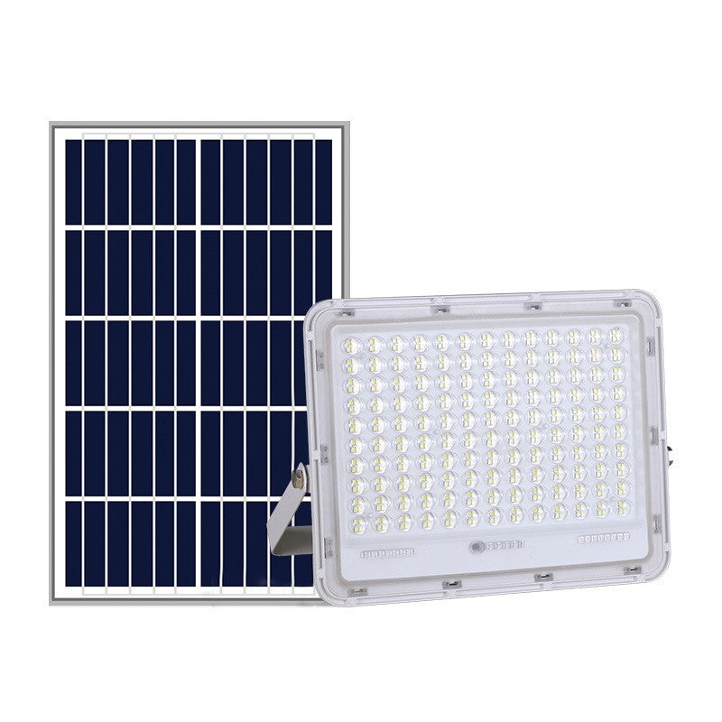 Proiector LED cu Panou Solar Vivimall, Senzor de lumina Waterproof, 200W, 29x23 cm, suport U inclus, panou afisaj nivel baterie, telecomand, 220V, Design Modern, Alb - vivimall.ro