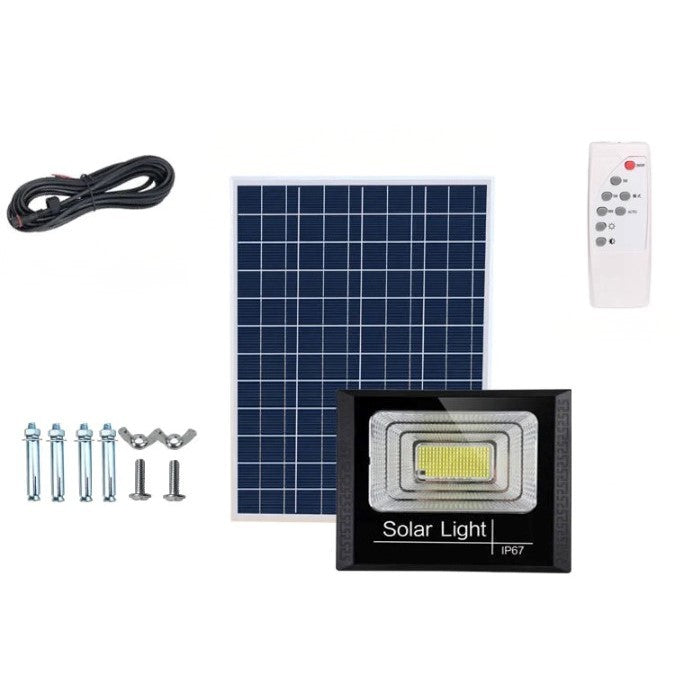 Proiector LED/Lampa solara de exterior  15 cm x 12 cm, Rezistent la Apa IP67, cu Panou Solar, 100 LED SMD, 30W, Senzor de lumina, Timer, cu Telecomanda, 2 moduri de iluminat, kit montaj inclus, Lumina Rece - vivimall.ro