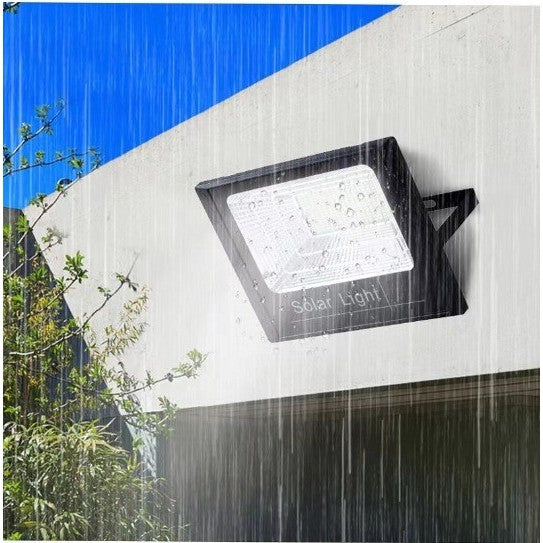 Proiector LED/Lampa solara de exterior  15 cm x 12 cm, Rezistent la Apa IP67, cu Panou Solar, 100 LED SMD, 30W, Senzor de lumina, Timer, cu Telecomanda, 2 moduri de iluminat, kit montaj inclus, Lumina Rece - vivimall.ro