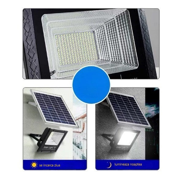 Proiector Led/Lampa Solara De Exterior, 15 Cm X 12 Cm, Rezistent La Apa Ip67, Cu Panou Solar, 100 Led Smd, 30W, Senzor De Lumina, Timer, Cu Telecomanda, 2 Moduri De Iluminat, Kit Montaj Inclus, Lumina Rece - vivimall.ro