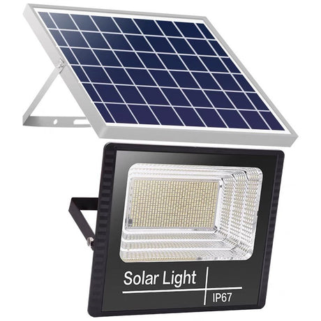 Proiector Led/Lampa Solara De Exterior, 15 Cm X 12 Cm, Rezistent La Apa Ip67, Cu Panou Solar, 100 Led Smd, 30W, Senzor De Lumina, Timer, Cu Telecomanda, 2 Moduri De Iluminat, Kit Montaj Inclus, Lumina Rece - vivimall.ro