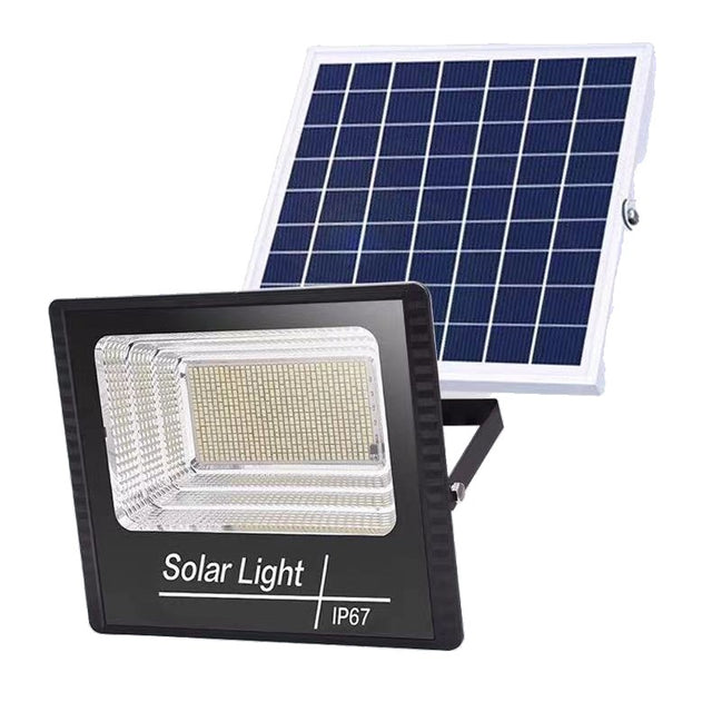 Proiector LED/Lampa solara de exterior Vivimall, 20 cm x 25cm, Rezistent la Apa IP67, cu Panou Solar, 220 LED SMD, 65W, Senzor de lumina, Timer, cu Telecomanda, 2 moduri de iluminat, kit montaj inclus, Lumina Rece - vivimall.ro