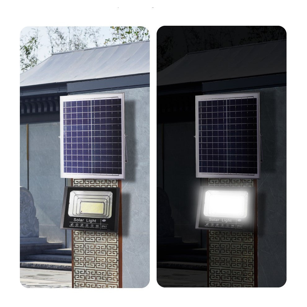 Proiector Led/Lampa Solara De Exterior, 20 Cm X 25 Cm, Rezistent La Apa Ip67, Cu Panou Solar, 220 Led Smd, 100W, Senzor De Lumina, Timer, Cu Telecomanda, 2 Moduri De Iluminat, Kit Montaj Inclus, Lumina Rece - vivimall.ro