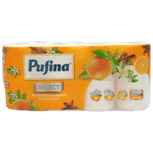 Pufina WC Papír 8 tekercs, 4 rétegű, narancs és fahéj illattal