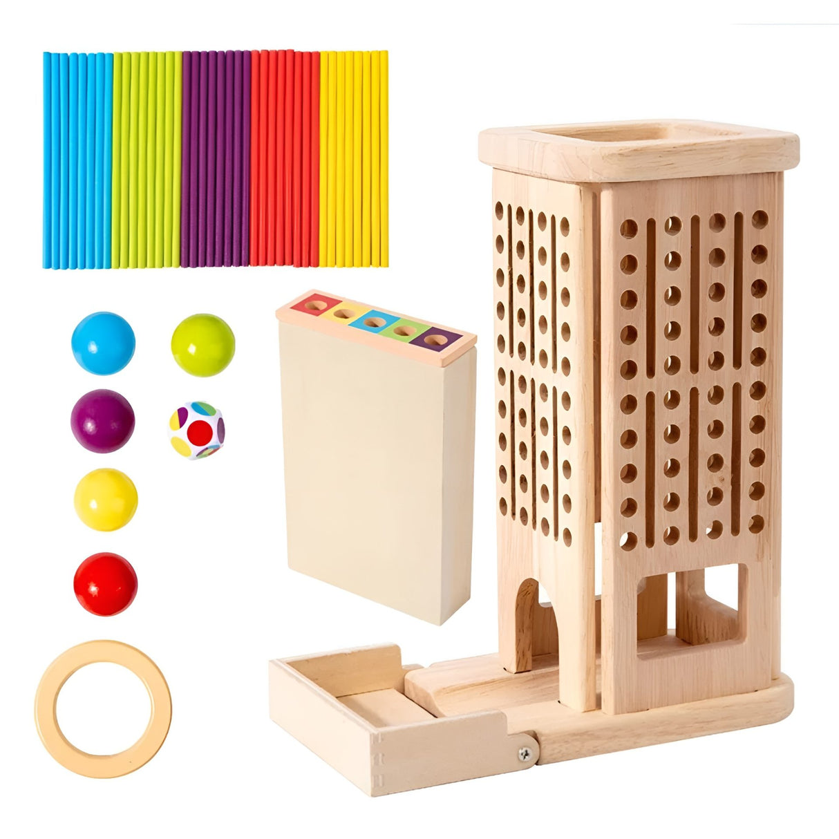 Jucărie Montessori Flippy 3 în 1 din lemn masiv, turn cu bețișoare și bile multicolor, vedere frontală completă