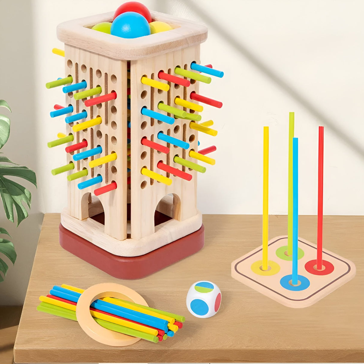 Jucărie educativă Flippy Montessori din lemn, ambalaj și conținut complet, vedere de sus, multicolor