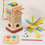 Detaliu bețișoare colorate și bile din setul Flippy Montessori, joc educativ din lemn pentru copii 3 ani+