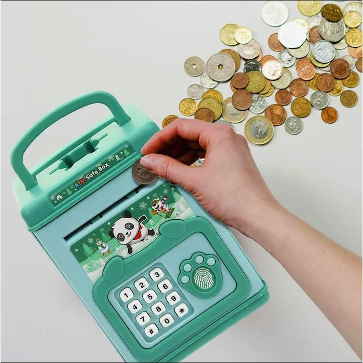Pusculita pentru Copii, Vivimall, pusculita pentru economii SMART BOX cu efecte sonore, Tip ATM, cu Parola cu Amprenta, din plastic, 20 x 13.5 x 11.5 cm Verde - vivimall.ro