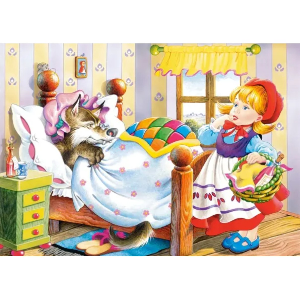 Puzzle 60 de Piese din Lemn in Cutie Metalica, Vivimall, Model Scufita Rosie, Educativ, Dezvoltare Abilitati Cognitive, pentru Prescolari, 22.5x13.5 cm, Multicolor - vivimall.ro