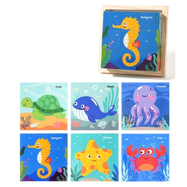 Puzzle din Lemn, Vivimall, 9 Cuburi, 6 Fete, 4-6 Ani, 11 x 11 x 3.2 cm, Model Animale Marine, Multicolor - vivimall.ro
