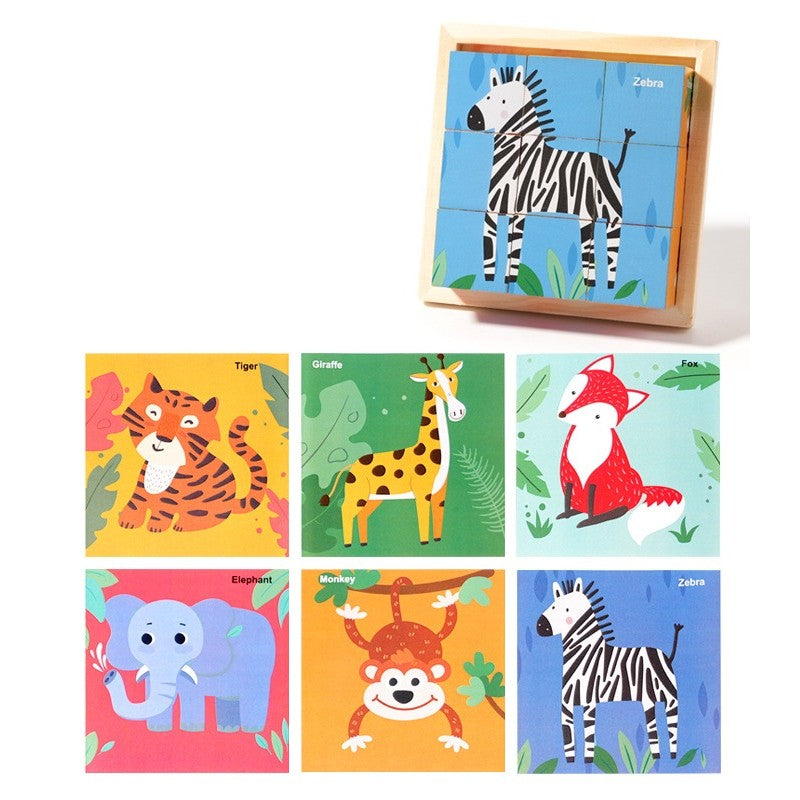 Puzzle din Lemn, Vivimall, 9 Cuburi, 6 Fete, 4-6 Ani, 11 x 11 x 3.2 cm, Model Animale Salbatice, Multicolor - vivimall.ro
