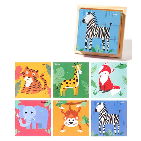 Puzzle din Lemn, Vivimall, 9 Cuburi, 6 Fete, 4-6 Ani, 11 x 11 x 3.2 cm, Model Animale Salbatice, Multicolor - vivimall.ro