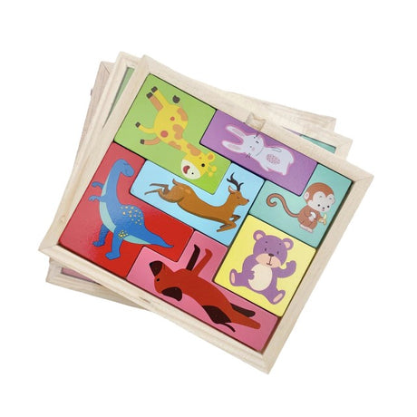 Puzzle din Lemn Vivimall, Tip Tetris, +4 Ani, cu Animale Colorate 3D, 7 Piese, Multicolor - vivimall.ro