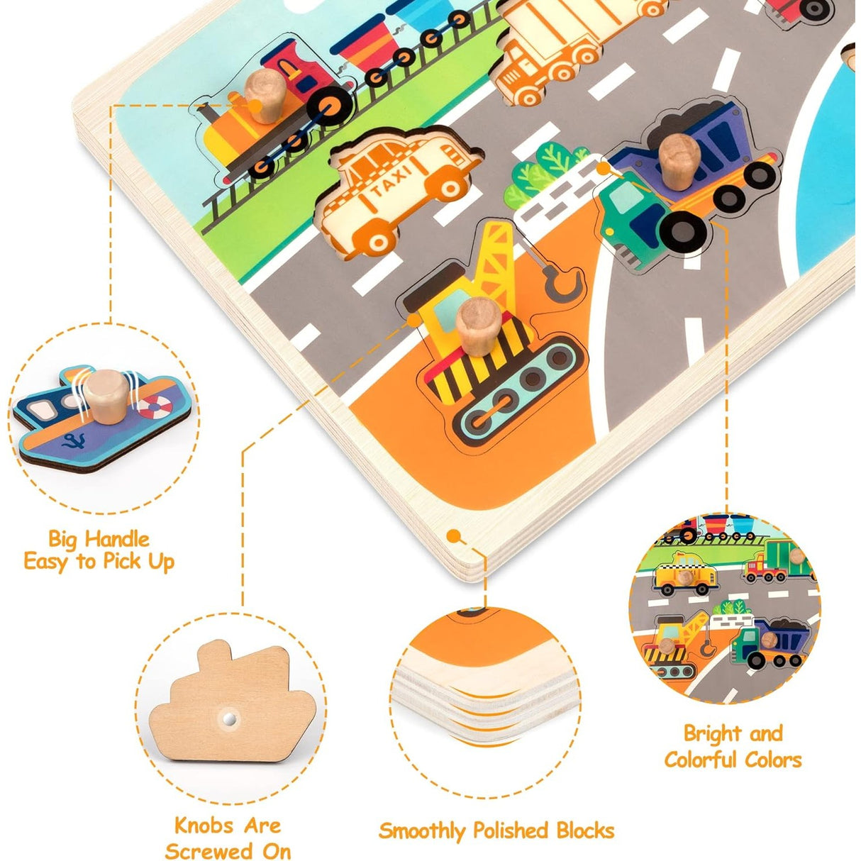 Puzzle Montessori din Lemn pentru Copii, Vivimall, 0-3 Ani, 3D, Model Transporturi, Educativ, Intuitiv, Creativ, 9 Piese, 30x22.5x0.8 cm, Multicolor - vivimall.ro