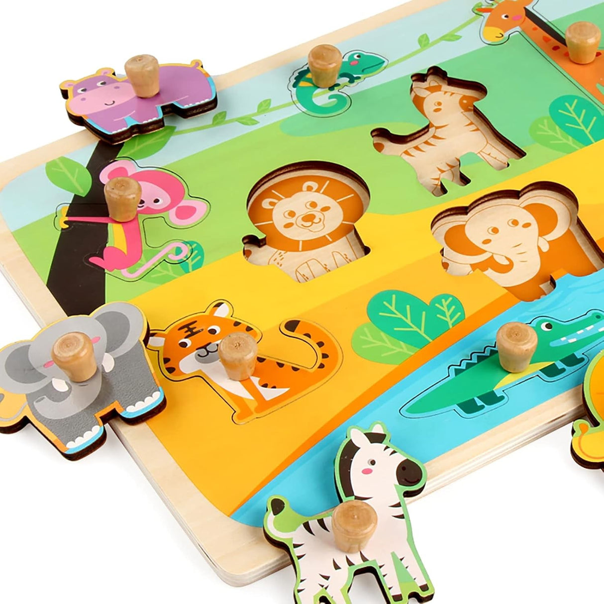 Puzzle Montessori din Lemn pentru Copii, Vivimall, 0-3 Ani, Model Animale din Jungla, Educativ, Intuitiv, Creativ, 9 Piese, 30x22.5x0.8 cm, Multicolor - vivimall.ro