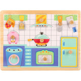 Puzzle Montessori din Lemn pentru Copii, Vivimall, 3D, 0-3 Ani, Model Bucatarie, Educativ, Intuitiv, Creativ, 10 Piese, 30x22.5x0.8 cm, Multicolor - vivimall.ro