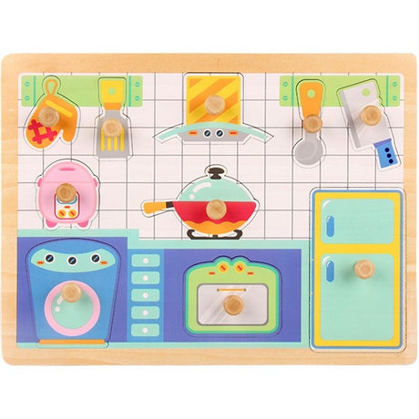 Puzzle Montessori din Lemn pentru Copii, Vivimall, 3D, 0-3 Ani, Model Bucatarie, Educativ, Intuitiv, Creativ, 10 Piese, 30x22.5x0.8 cm, Multicolor - vivimall.ro