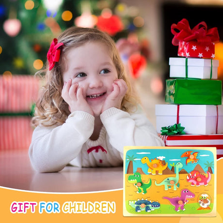 Puzzle Montessori din Lemn pentru Copii, Vivimall, 3D, 0-3 Ani, Model Dinozauri, Educativ, Intuitiv, Creativ, 8 Piese, 30x22.5x0.8 cm, Multicolor - vivimall.ro