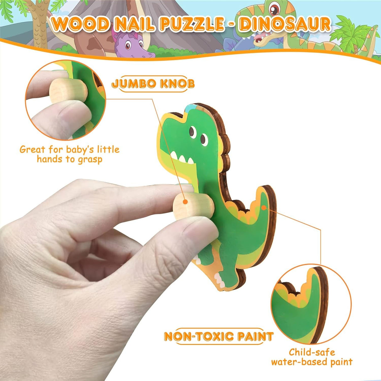 Puzzle Montessori din Lemn pentru Copii, Vivimall, 3D, 0-3 Ani, Model Dinozauri, Educativ, Intuitiv, Creativ, 8 Piese, 30x22.5x0.8 cm, Multicolor - vivimall.ro