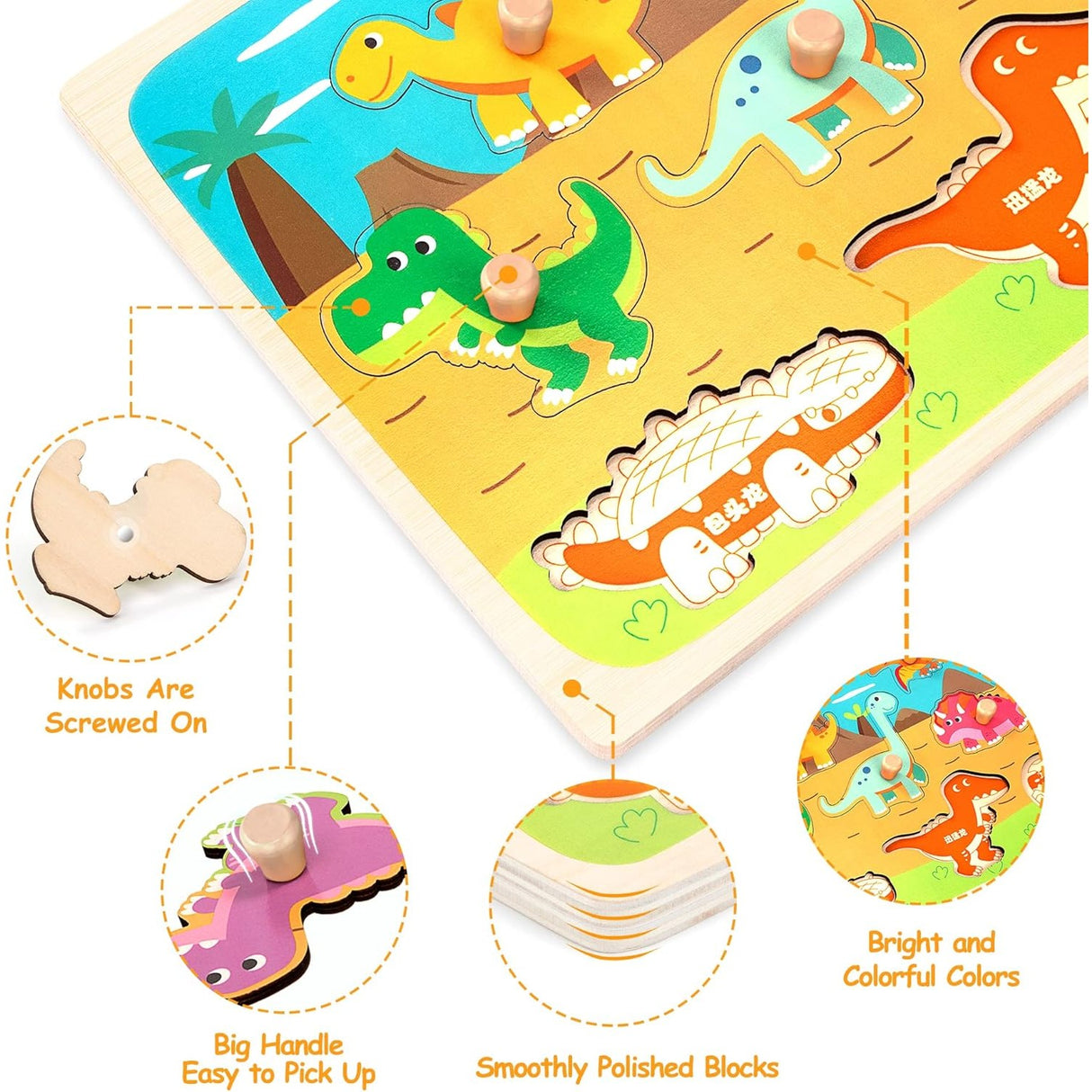 Puzzle Montessori din Lemn pentru Copii, Vivimall, 3D, 0-3 Ani, Model Dinozauri, Educativ, Intuitiv, Creativ, 8 Piese, 30x22.5x0.8 cm, Multicolor - vivimall.ro