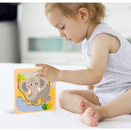 Puzzle Montessori Din Lemn Pentru Copii, 3D, 0-3 Ani, Model Elefant, Educativ, Intuitiv, Creativ, 4 Piese, 15X15X0.5 Cm, Multicolor - vivimall.ro