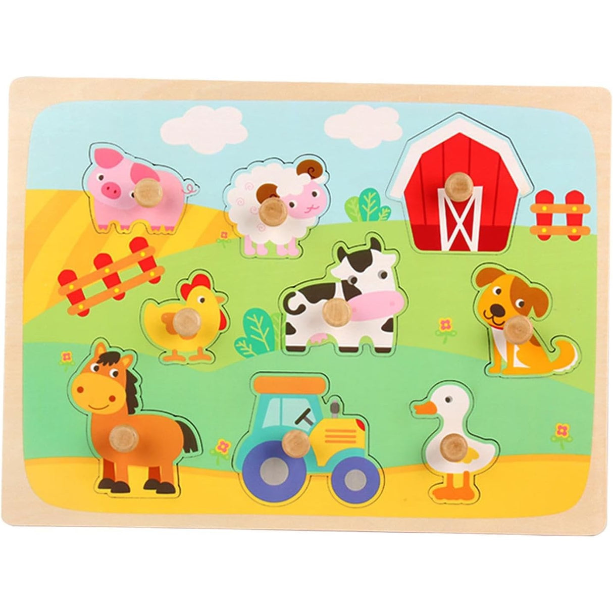 Puzzle Montessori din Lemn pentru Copii, Vivimall, 3D, 0-3 Ani, Model Ferma, Educativ, Intuitiv, Creativ, 9 Piese, 30x22.5x0.8 cm, Multicolor