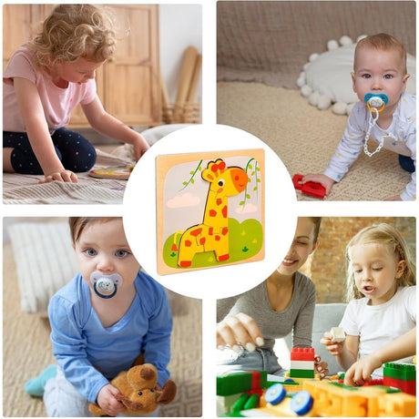 Puzzle Montessori Din Lemn Pentru Copii, 3D, 0-3 Ani, Model Girafa, Educativ, Intuitiv, Creativ, 4 Piese, 15X15X0.5 Cm, Multicolor - vivimall.ro