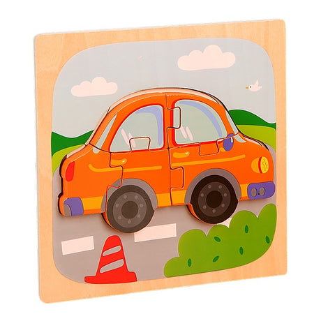 Puzzle Montessori Din Lemn Pentru Copii, 3D, 0-3 Ani, Model Masina, Educativ, Intuitiv, Creativ, 5 Piese, 15X15X0.5 Cm, Multicolor - vivimall.ro