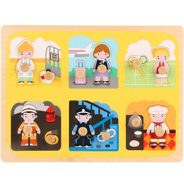Puzzle Montessori din Lemn pentru Copii, Vivimall, 3D, 0-3 Ani, Model Profesii, Educativ, Intuitiv, Creativ, 6 Piese, Multicolor - vivimall.ro