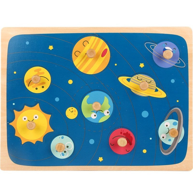 Puzzle Montessori din Lemn pentru Copii, Vivimall, 3D, 0-3 Ani, Model Sistemul Solar, Educativ, Intuitiv, Creativ, 9 Piese, 30x22.5x0.8 cm, Multicolor - vivimall.ro