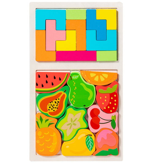 Puzzle Montessori din Lemn pentru Copii, Vivimall, Tip Tetris 2in1 +3 Ani, cu Fructe Colorate 3D, Educativ, Intuitiv, Creativ, 21 de Piese, 28.5x17x1.2 cm, Multicolor - vivimall.ro