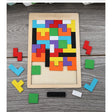 Puzzle din lemn tip Tetris Montessori, 40 piese multicolor, vedere frontală a tablei complete, 26.5x17.7 cm